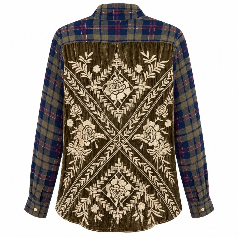 Johnny Was Cottagecore Plaid Velvet Burnout Shirt Womens Medium Silk Blend Boho